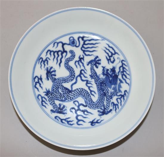 A Chinese blue and white dragon dish, Guangxu mark and possibly of the period, 17.2cm